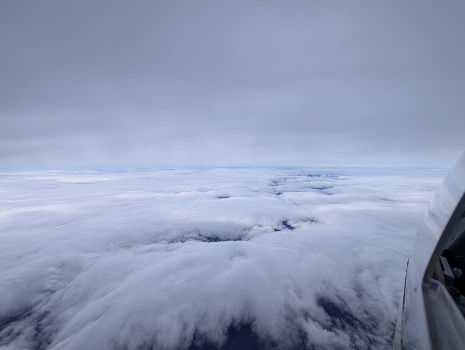 A sea of undercast stretching to the horizon, seen from the wing of a glider