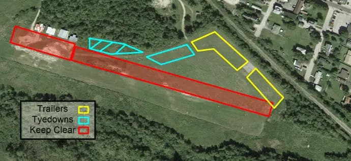 Parking map of the Gorham airport showing trailer and tiedown zones