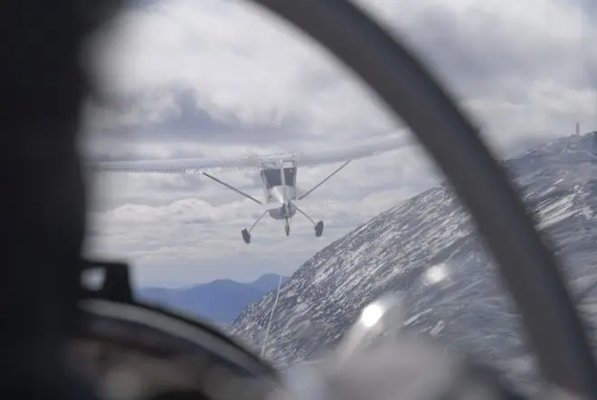 The tow plane seen through a glider canopy